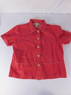 TY Wear Button-Up Womens 10 Red 100% Cotton Short Sleeve Collared Casual Top